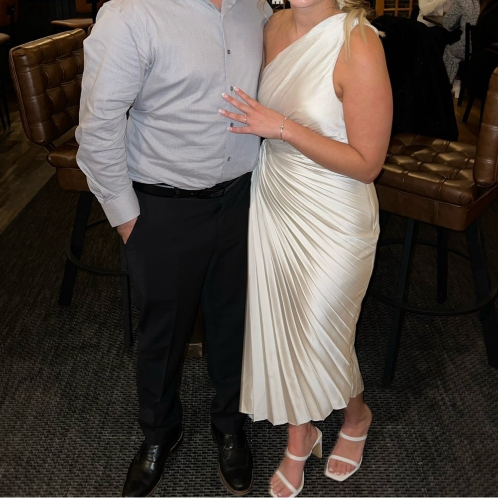 Off White Bobbles & Lace Silk Pleated Cut Out One Shoulder Dress